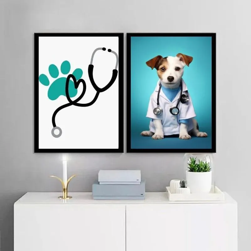 Kit 2 Quadros Decoração Clínica Veterinária 45X34Cm - Vidro