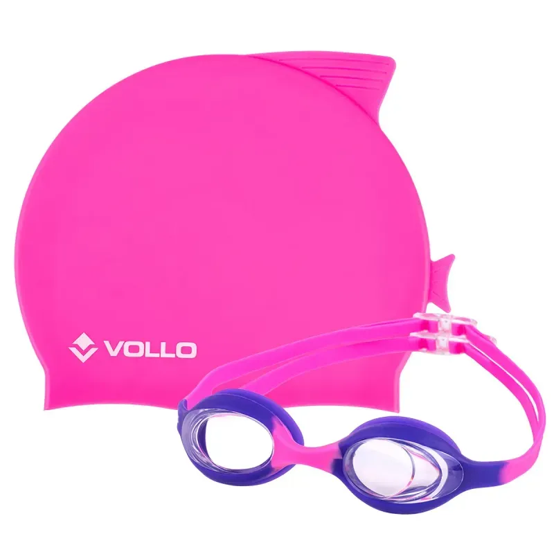 Kit de Nataçao Infantil Óculos Giant Dolphin e Touca de Silicone Rosa Vollo