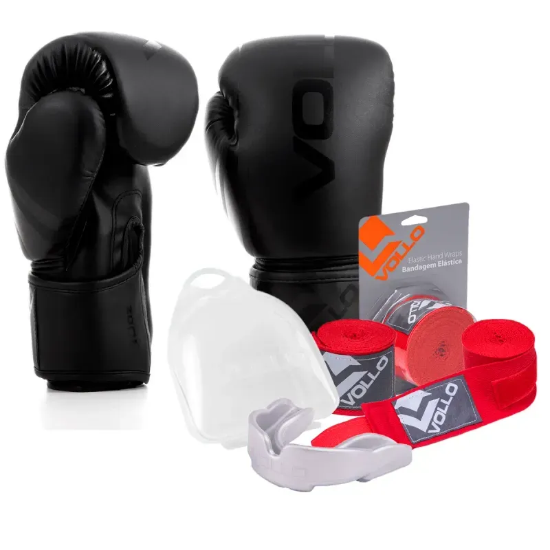 Kit Boxe Luva 14Oz Preto + Protetor Bucal+ Bandagem Vermelha