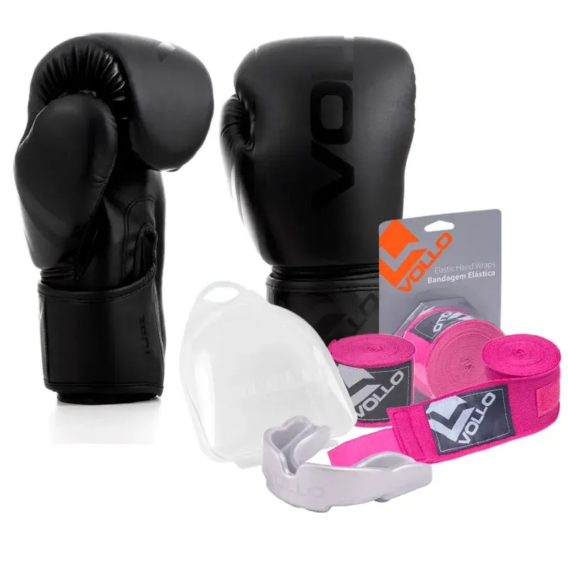 Kit Boxe Luva 14Oz Preto + Protetor Bucal + Bandagem Rosa