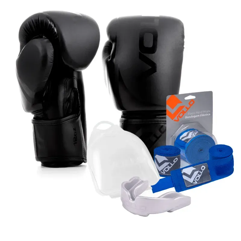 Kit Boxe Luva 14Oz Preto + Protetor Bucal + Bandagem Azul