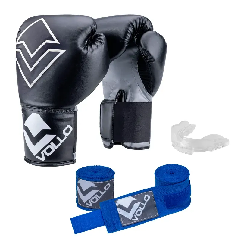 Kit Boxe Vollo Iniciante Luva 12Oz + Protetor Transp + Bandagem Azul