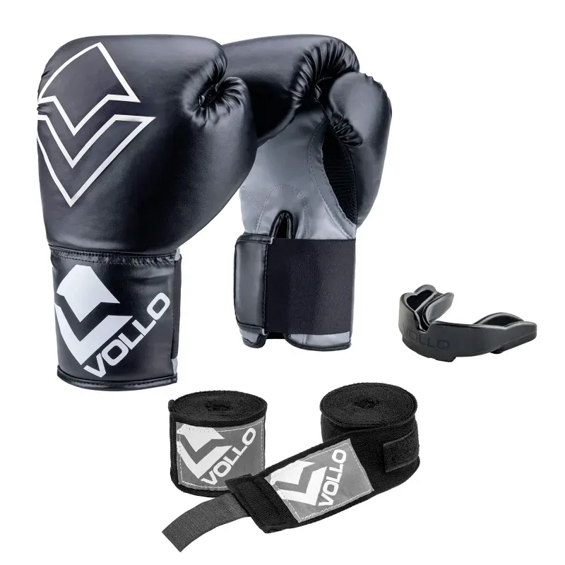 Kit Boxe Vollo Iniciante Luva 12Oz + Protetor Preto + Bandagem Preta