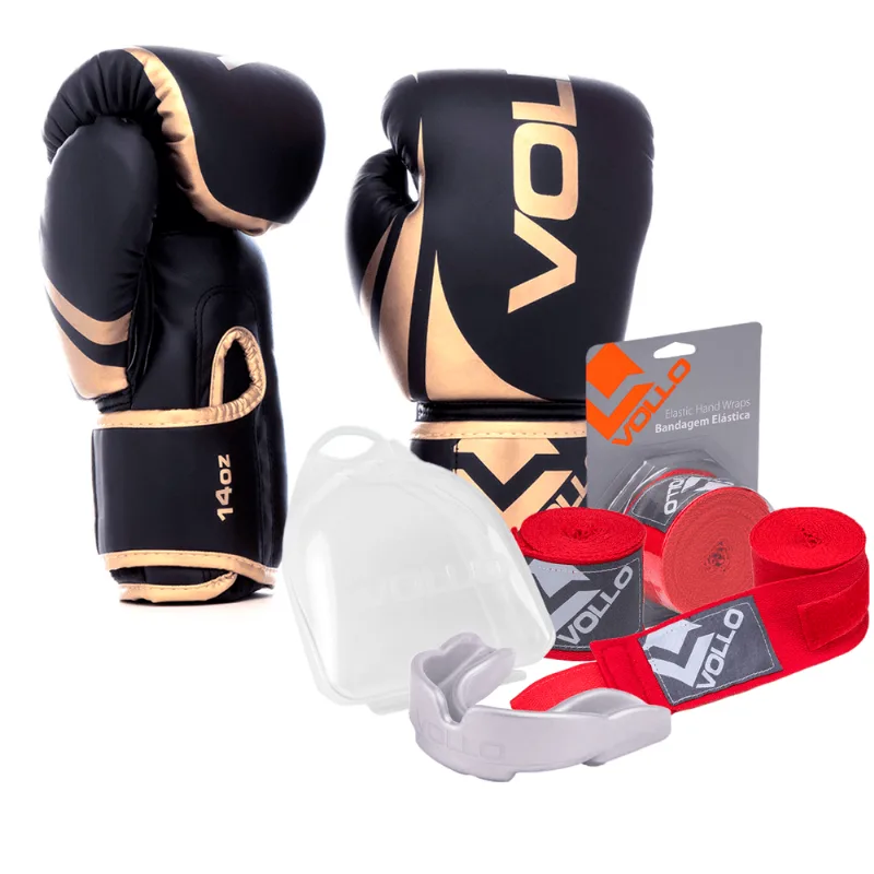 Kit Boxe Luva 14Oz Dourado + Protetor Bucal + Bandagem Vermelha