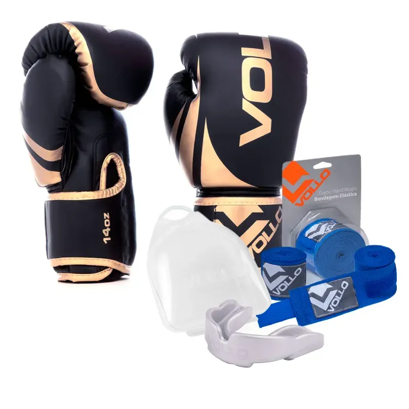 Kit Boxe Luva 14Oz Dourado + Protetor Bucal + Bandagem Azul