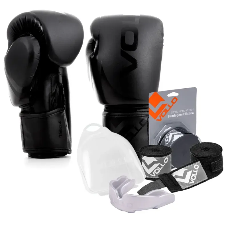 Kit Boxe Luva 12Oz Preto + Protetor Bucal + Bandagem Preta