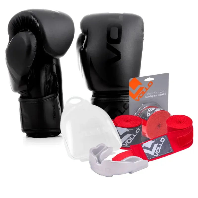 Kit Boxe Luva 12Oz Preto + Protetor Bucal + Bandagem Vermelha
