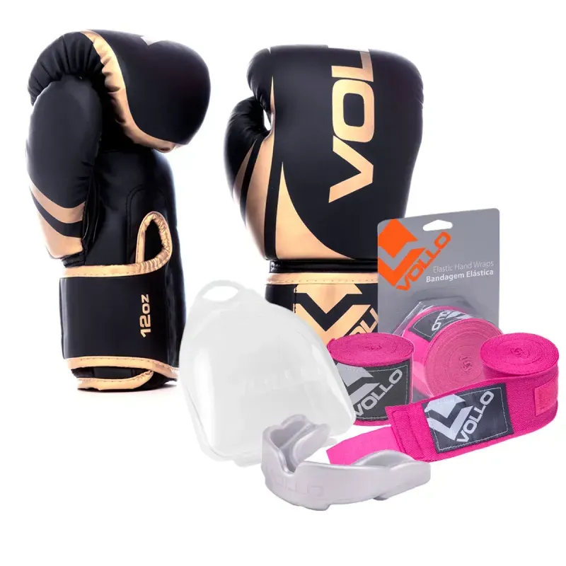 Kit Boxe Luva 12Oz Dourado + Protetor Bucal + Bandagem Rosa
