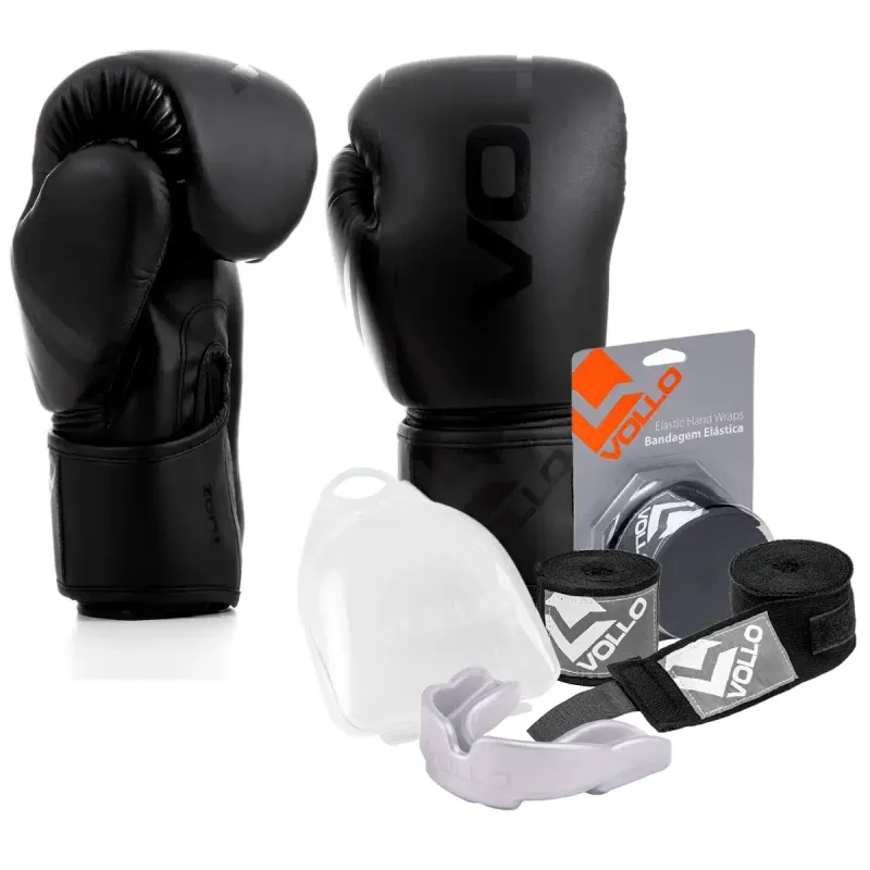 Kit Boxe Luva 10Oz Preto + Protetor Bucal + Bandagem Preta