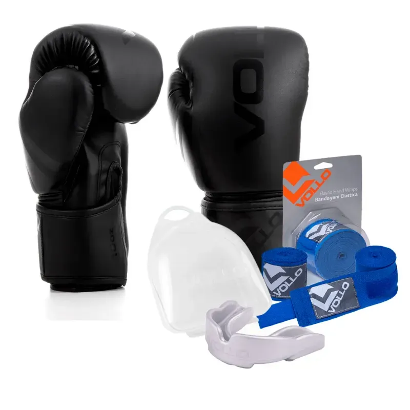 Kit Boxe Luva 10Oz Preto + Protetor Bucal + Bandagem Azul