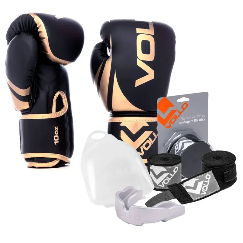 Kit Boxe Luva 10Oz Dourado + Protetor Bucal + Bandagem Preta