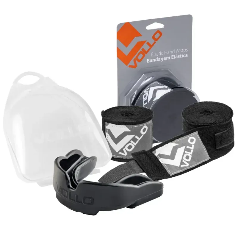 Kit Bandagem Elástica Preta + Protetor Bucal Boxe Vollo