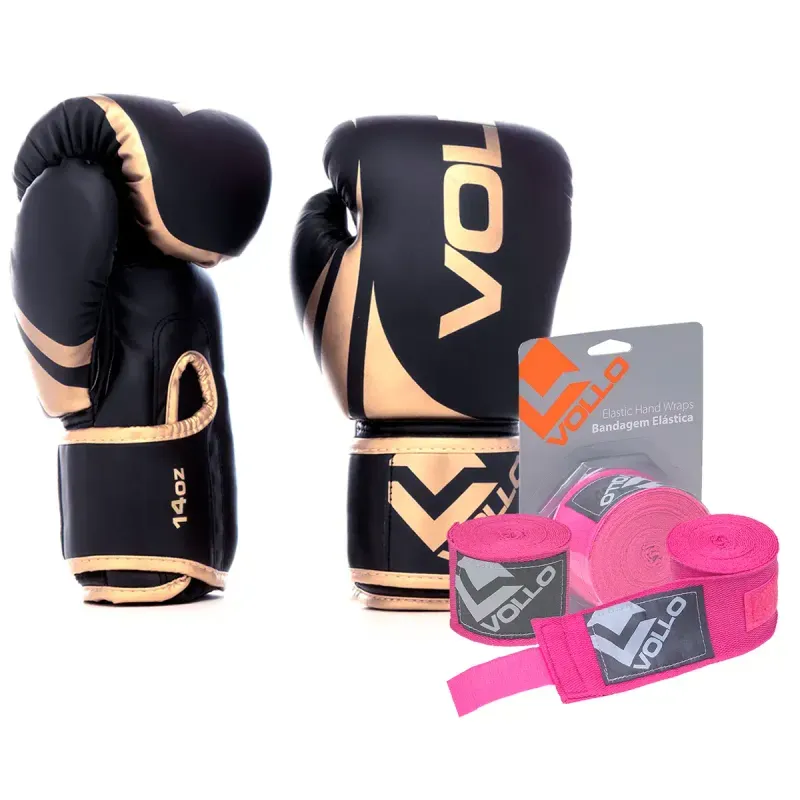 Kit Boxe Vollo Luva 14oz Dourada + Bandagem 3M Rosa MuayThai Kit Luva 14oz Boxe Muay Thai Dourado + Bandagem 3,0M MMA Treino Luta Rosa