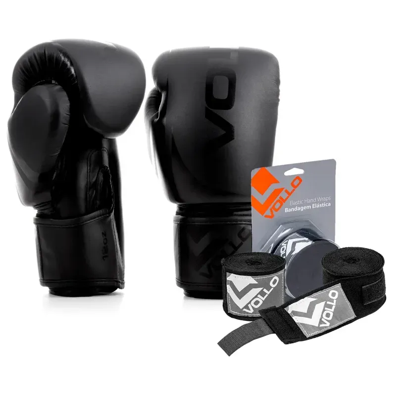 Kit Boxe Muay Thai Luva 12oz Preta + Bandagem 3M Preta Vollo