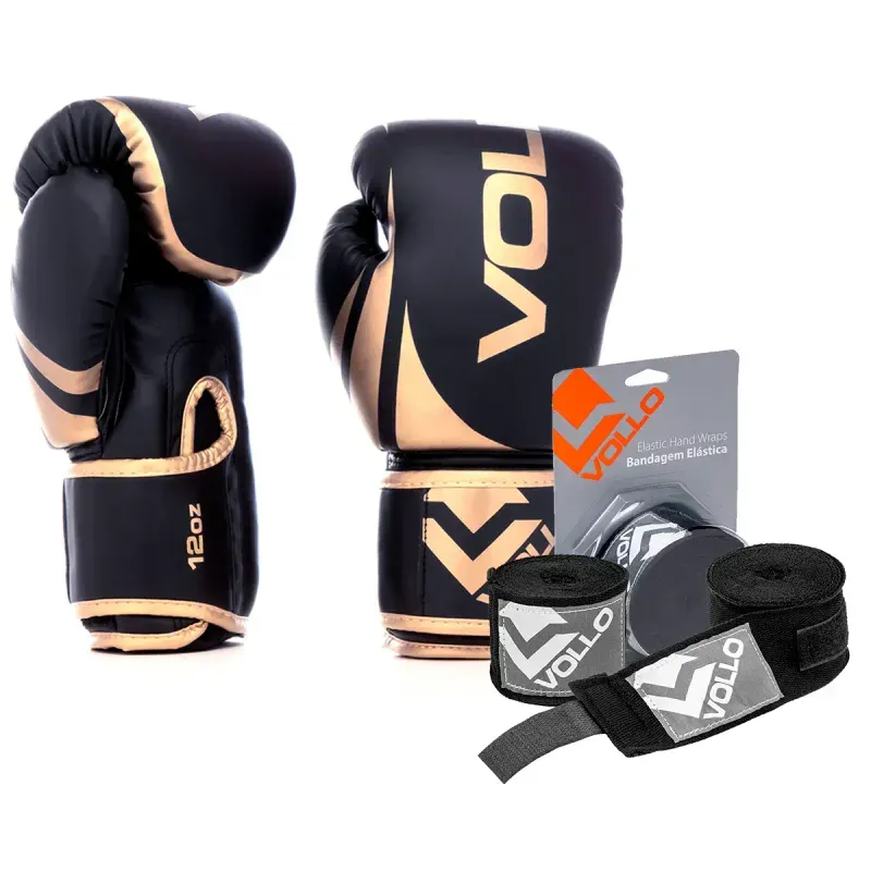 Kit Boxe Vollo Luva 12oz Dourada + Bandagem 3M Preta MuayThai Kit Luva 12oz Boxe Muay Thai Dourado + Bandagem 3,0M MMA Treino Luta Preta