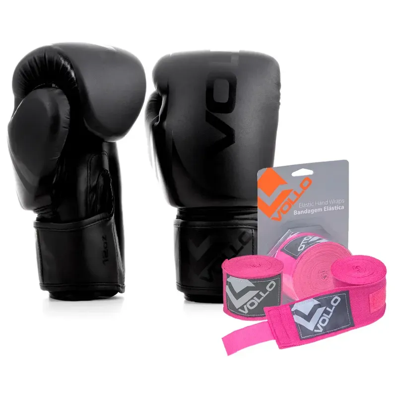 Kit Boxe Vollo Luva 12oz Preta + Bandagem 3M Rosa MuayThai Kit Luva 12oz Boxe Muay Thai Preto + Bandagem 3,0M MMA Treino Luta Rosa