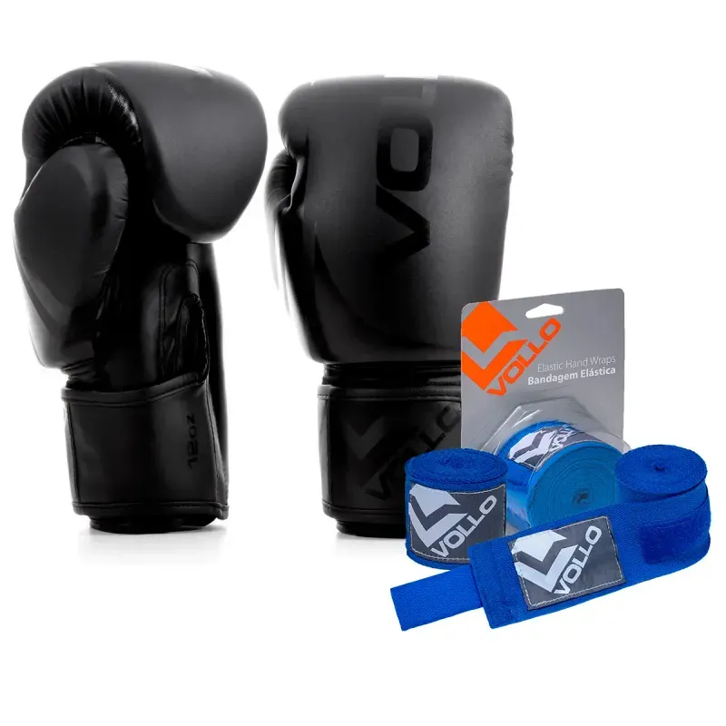 Kit Boxe Muay Thai Luva 12oz Preta + Bandagem 3M Azul Vollo Kit Luva 12oz Boxe Muay Thai Preto + Bandagem 3,0M MMA Treino Luta Azul