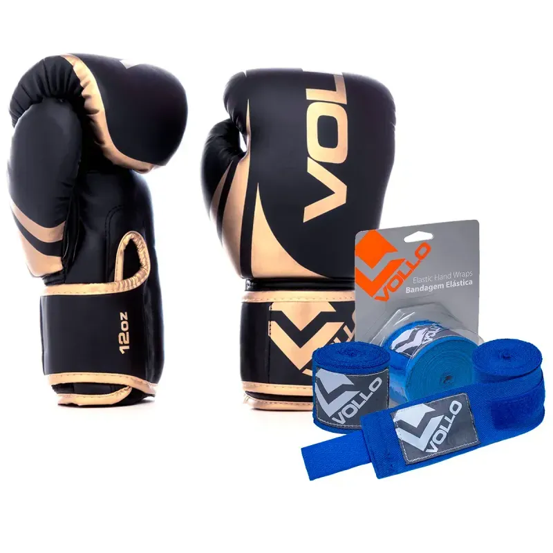 Kit Boxe MuayThai Luva 12oz Dourada + Bandagem 3M Azul Vollo Kit Luva 12oz Boxe Muay Thai Dourado + Bandagem 3,0M MMA Treino Luta Azul