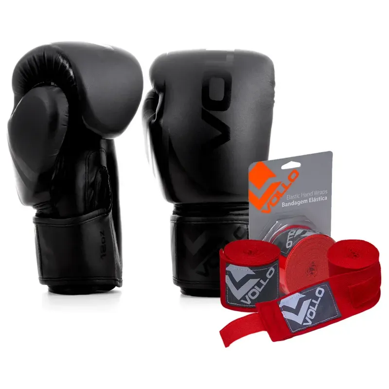 Kit Boxe Vollo Luva 12oz Preto + Bandagem 3M Vermelha Luta Kit Luva 12oz Boxe Muay Thai Preto + Bandagem 3,0M MMA Treino Luta Vermelha
