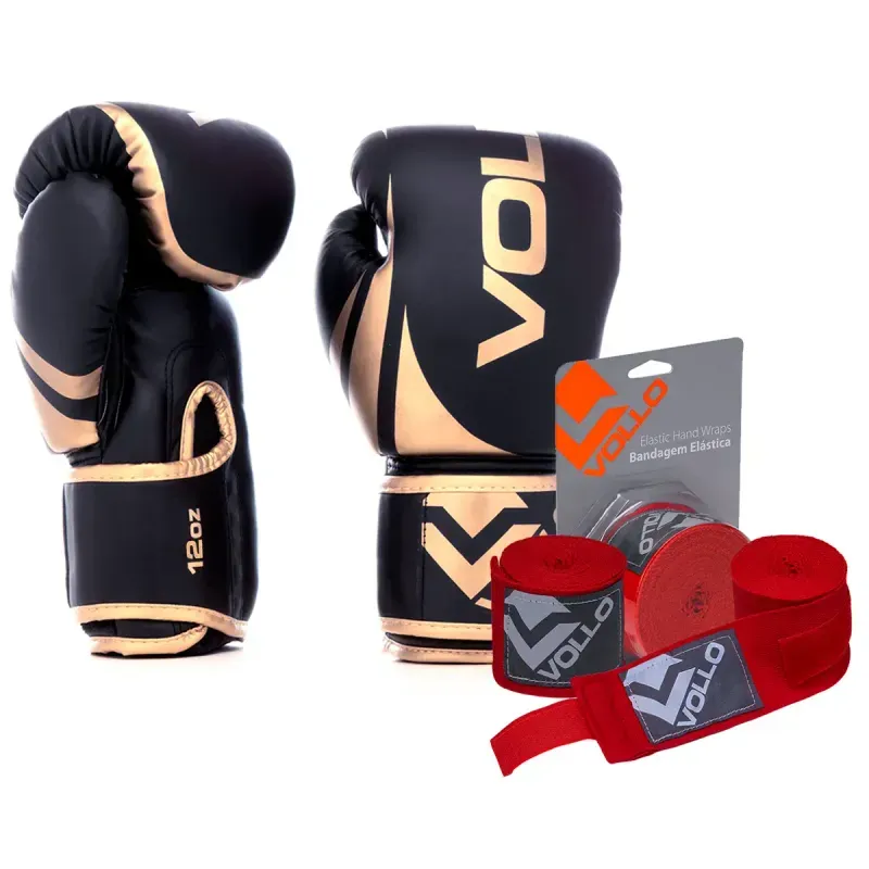 Kit Boxe Vollo Luva 12oz Dourado + Bandagem 3M Vermelha Luta Kit Luva 12oz Boxe Muay Thai Dourado + Bandagem 3,0M MMA Treino Luta Vermelha