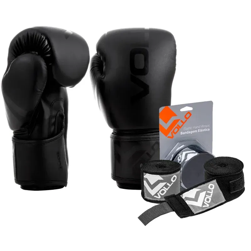Kit Boxe Muay Thai Luva 10oz Preta + Bandagem 3M Preta Vollo Kit Luva 10oz Boxe Muay Thai Preto + Bandagem 3,0M MMA Treino Luta Preta