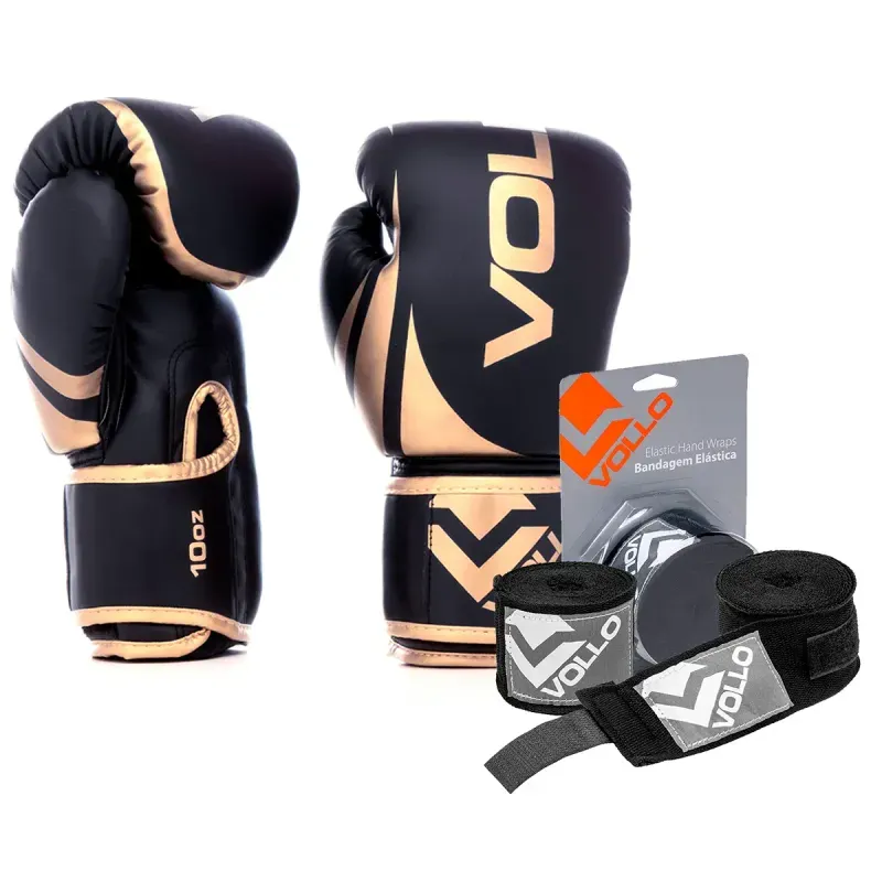 Kit Boxe Vollo Luva 10oz Dourada + Bandagem 3M Preta MuayThai Kit Luva 10oz Boxe Muay Thai Dourado + Bandagem 3,0M MMA Treino Luta Preta