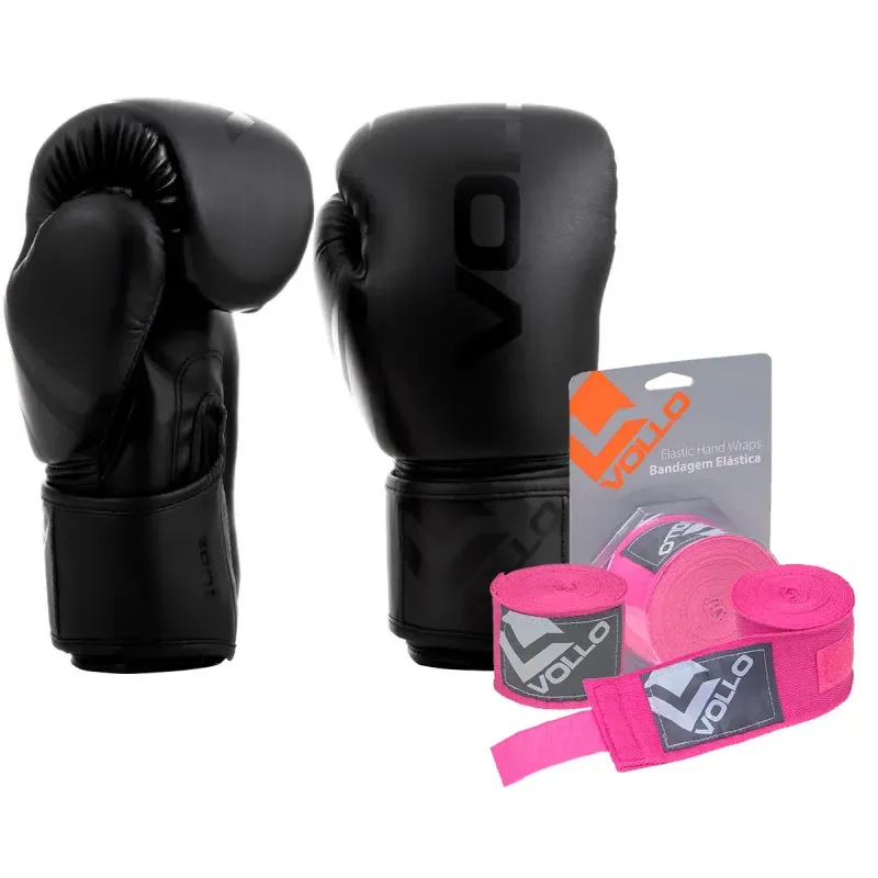 Kit Boxe Vollo Luva 10oz Preta + Bandagem 3M Rosa MuayThai Kit Luva 10oz Boxe Muay Thai Preto + Bandagem 3,0M MMA Treino Luta Rosa