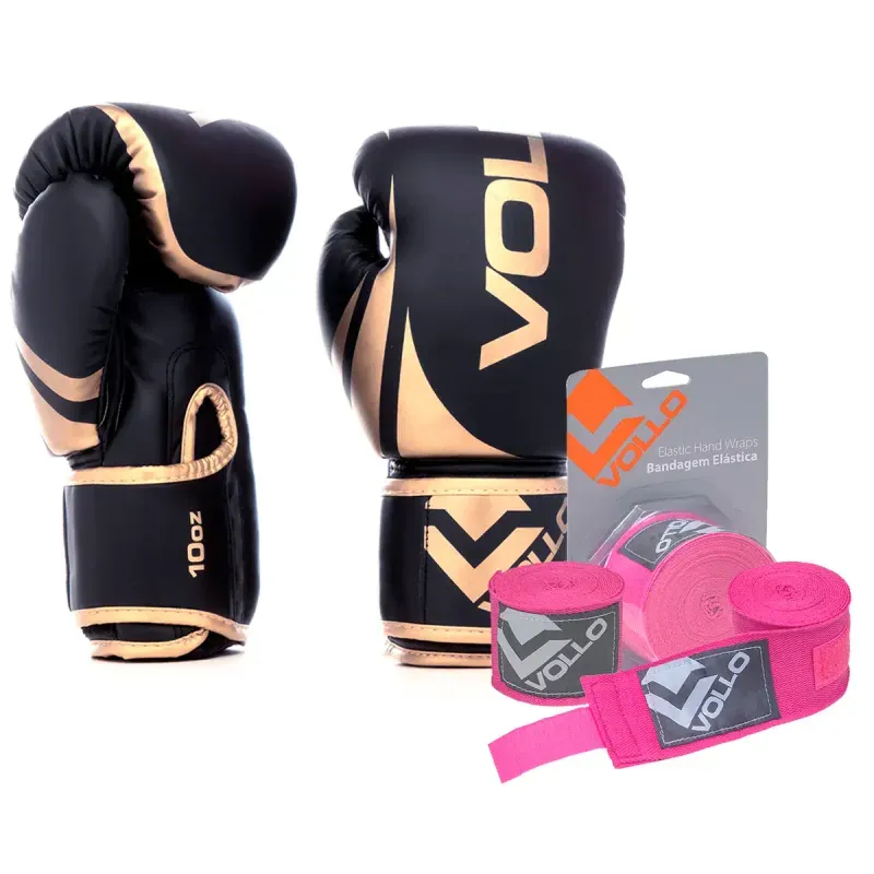 Kit Boxe Vollo Luva 10oz Dourada + Bandagem 3M Rosa MuayThai Kit Luva 10oz Boxe Muay Thai Dourado + Bandagem 3,0M MMA Treino Luta Rosa