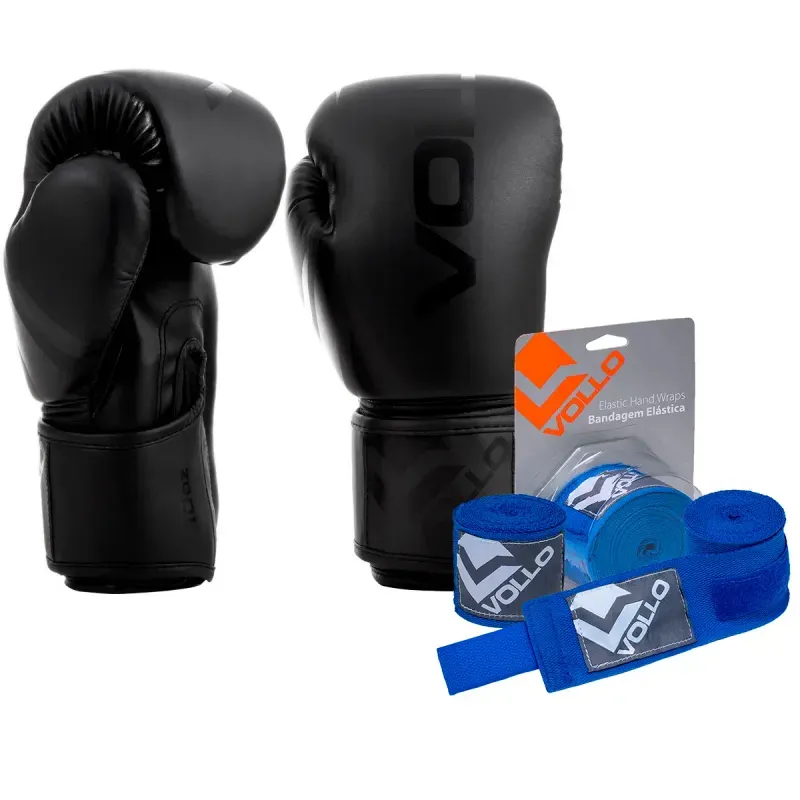 Kit Boxe Muay Thai Luva 10oz Preta + Bandagem 3M Azul Vollo Kit Luva 10oz Boxe Muay Thai Preto + Bandagem 3,0M MMA Treino Luta Azul