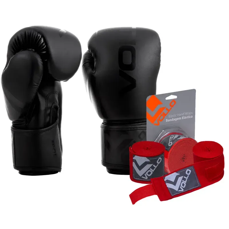 Kit Boxe Vollo Luva 10oz Preto + Bandagem 3M Vermelha Luta Kit Luva 10oz Boxe Muay Thai Preto + Bandagem 3,0M MMA Treino Luta Vermelha
