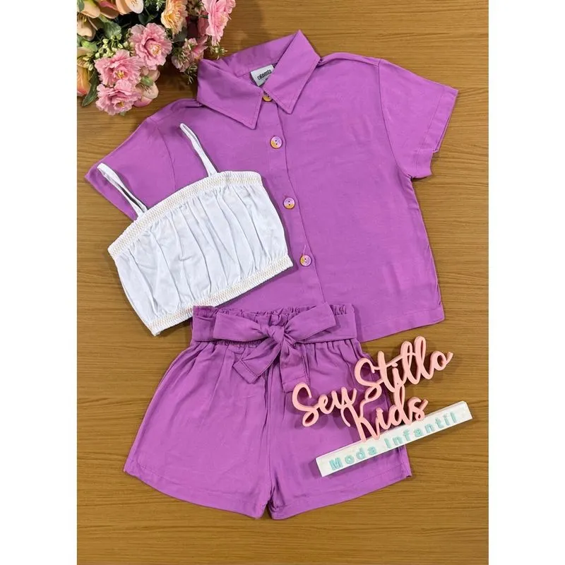 Conjunto Infantil Catavento Verão Shorts, Top e Camisa Roxo