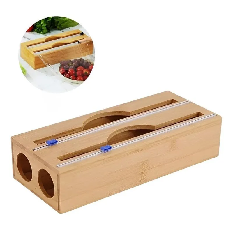 Dispenser Papel Toalha E Filme Pvc Com Cortador Duplo Bambu