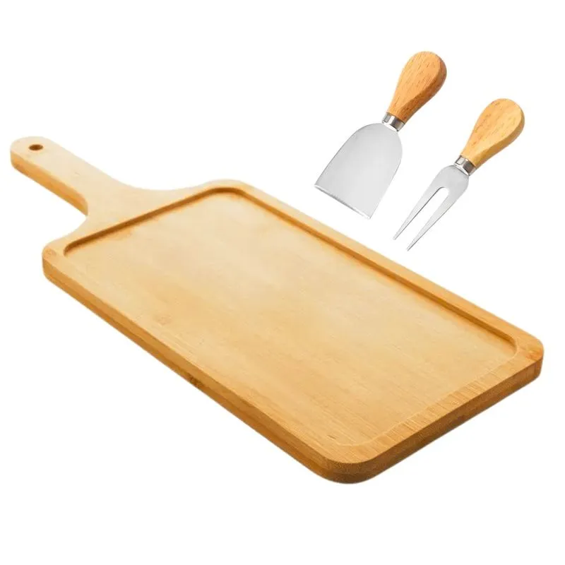 Kit Tábua Petisqueira com Garfo e Espátula para Servir 3 Peças Aço Inox Bambu