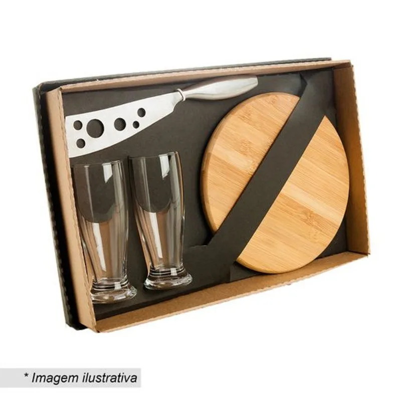 Kit para Queijo e Cerveja Welf KT90012 6 Peças Tábua 21cm Redonda Inclui 4 Copos