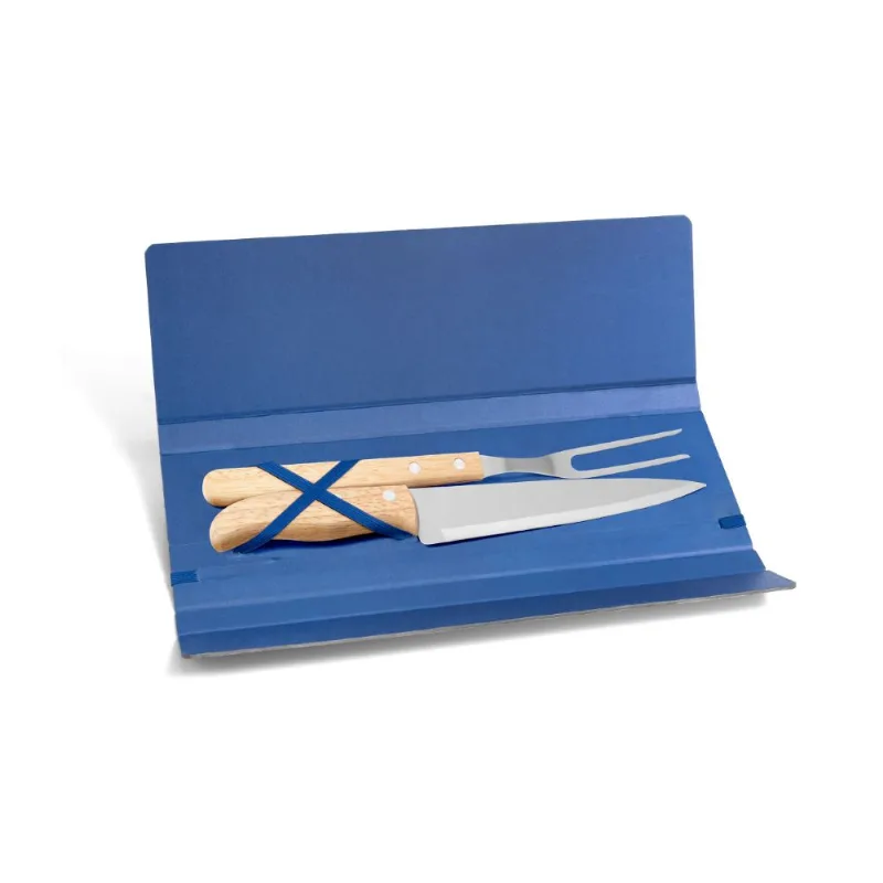 Conjunto De Garfo E Faca Inox / Madeira Com Estojo Azul - 3 Pçs Welf