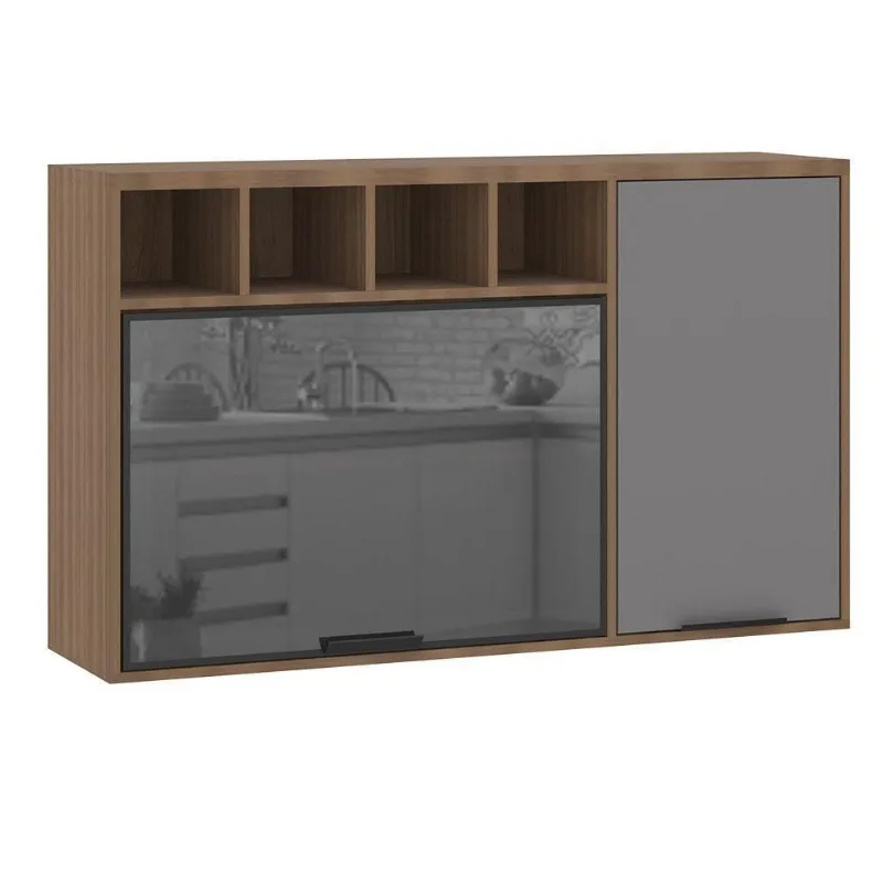Armário Aéreo 120cm 2Prt Vidro Reflecta Nichos Vanilla Cinza
