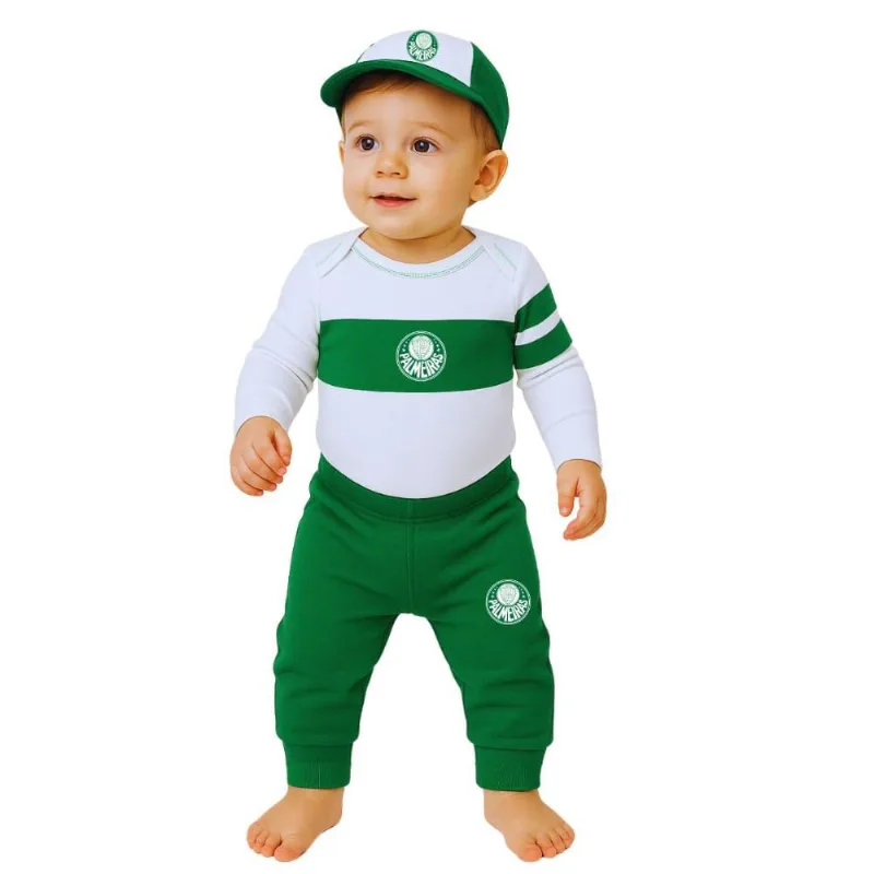 Kit Bebê Palmeiras Com Body Calça Boné Oficial P / Branco