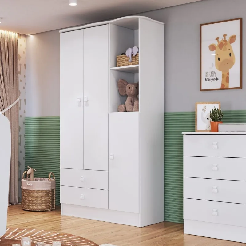 Guarda-Roupa de Bebê 3 Portas 2 Gavetas Baby Branco Branco