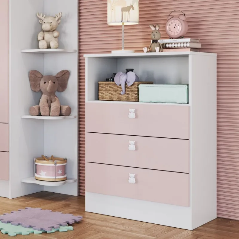 Cômoda Infantil 3 Gavetas e Nicho 1330 Espresso Móveis Rosa/Branco Branco/Rosa