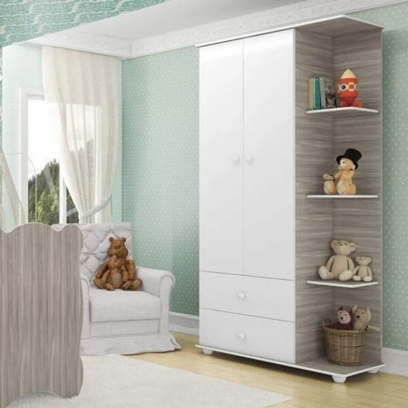 Guarda-Roupa Infantil com Cantoneira 2 Portas 2 Gavetas Bege/Branco Branco