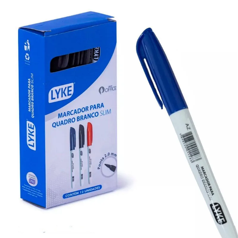 Caneta Marcador Quadro Branco Slim 2mm Azul 12und Lyke