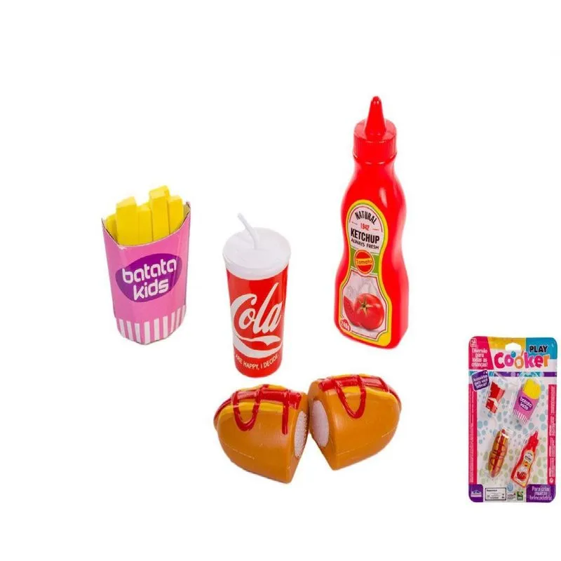 Kit Cozinha Infantil HotDog BatataFrita Coca Cola Ketchup fechamento auto-adesivo Crec Crec 5 pç