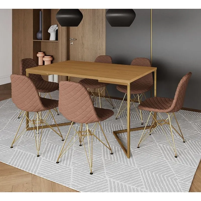 Mesa Jantar Industrial Canela Base V Dourada 137x90cm c/ 6 Cadeiras Estofadas Caramelo Dourada