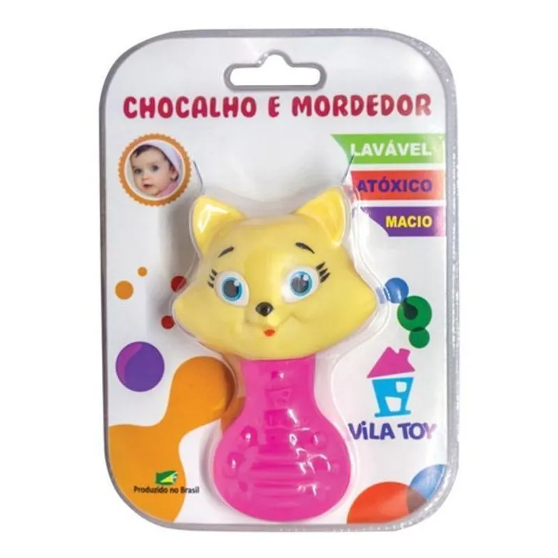 Chocalho E Mordedor Bebê Super Macio Gata Rosa Vila Toy