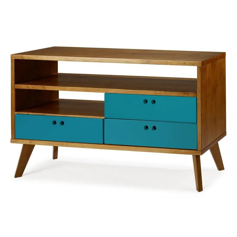Rack 3 Gavetas e Prateleira Retrô Holly 120cm Maxima Nogal/Azul