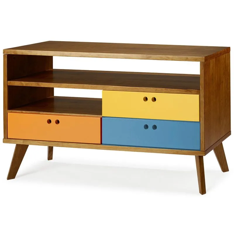 Rack 3 Gavetas e Prateleira Retrô Holly 120cm Maxima Nogal/Amarelo/Azul/Laranja