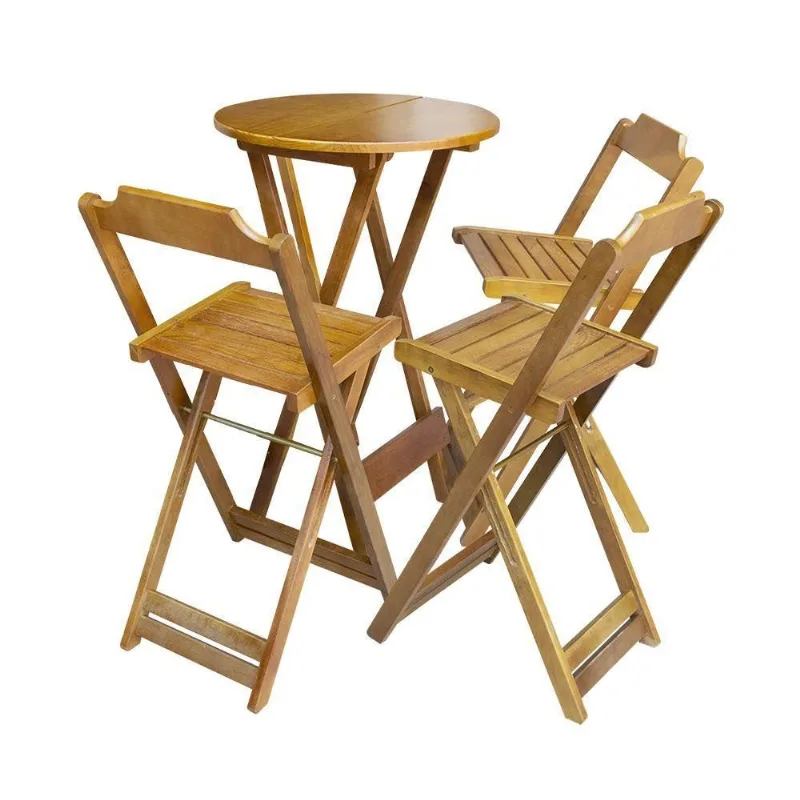 Jogo De Mesa Bistrô Dobrável Em Madeira Maciça Com C/3 Banquetas Altas - Mel - Marrom