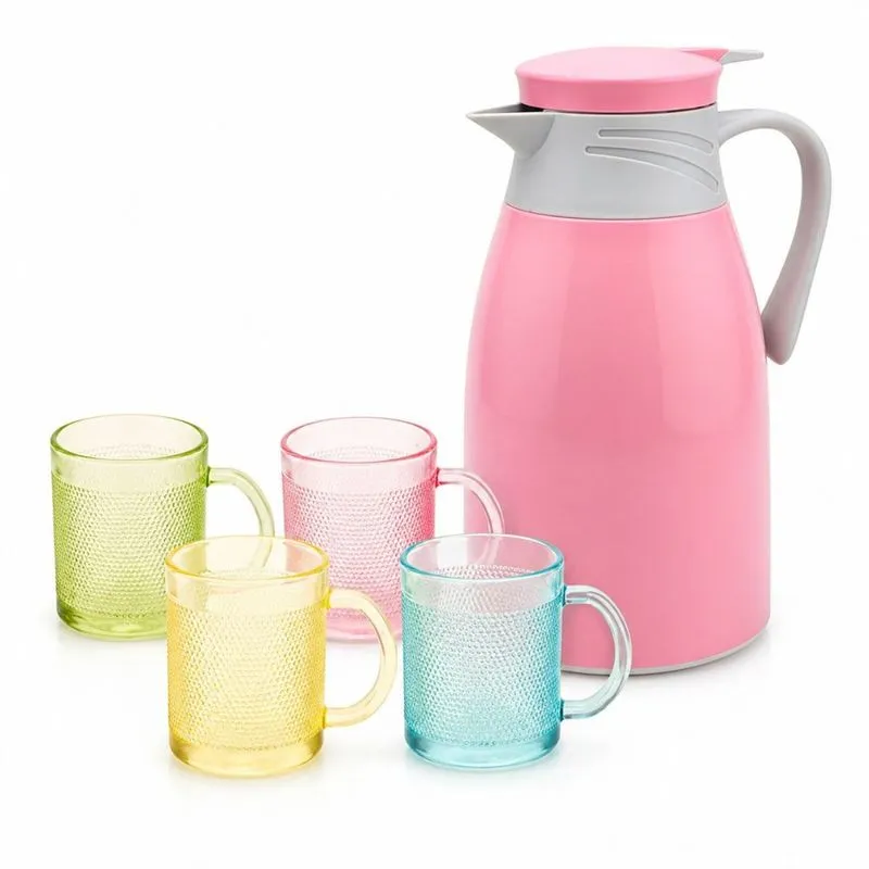 Garrafa Térmica Rosa 1 Litro + Jogo 4 Copos Vidro 190ml Canecas Texturizadas