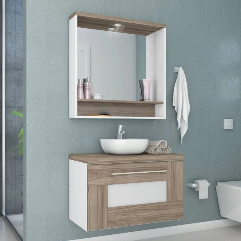 Gabinete para Banheiro com Espelheira Verona Espresso Móveis Nogal Champagne/Branco