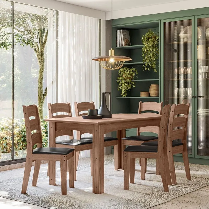 Conjunto Sala de Jantar Mali 1,56 com 6 Cadeiras Amendoa 11C